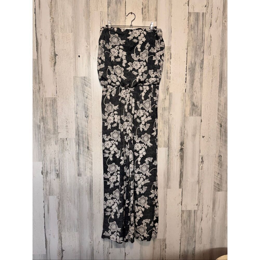 Exist Black Floral Strapless Wide Leg Jumpsuit Womens Size Large L Palazzo Boho